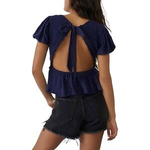 Free People Charlotte Navy Blue Smocked Peplum Top Puff Sleeve Open Back Tie